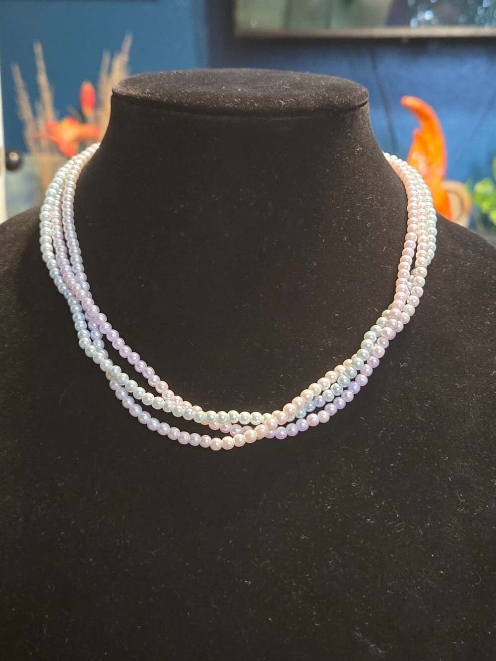 Vintage Multi-Strand Pastel Faux Pearl Necklace With Gold Tone Clasp